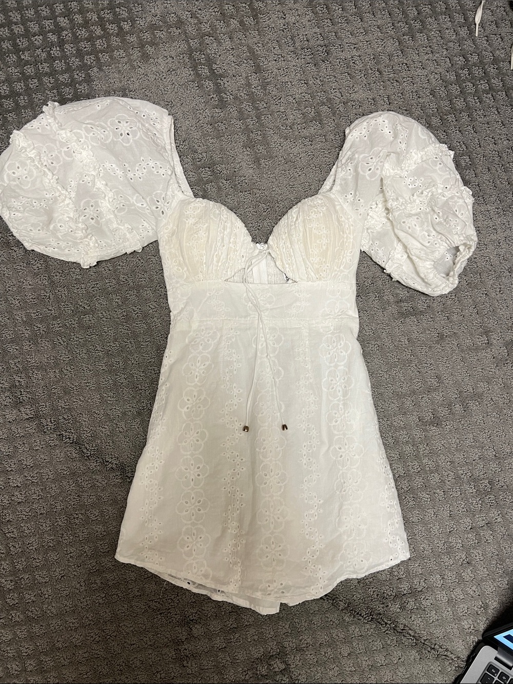 White Eyelet Puff Sleeve Mini Dress